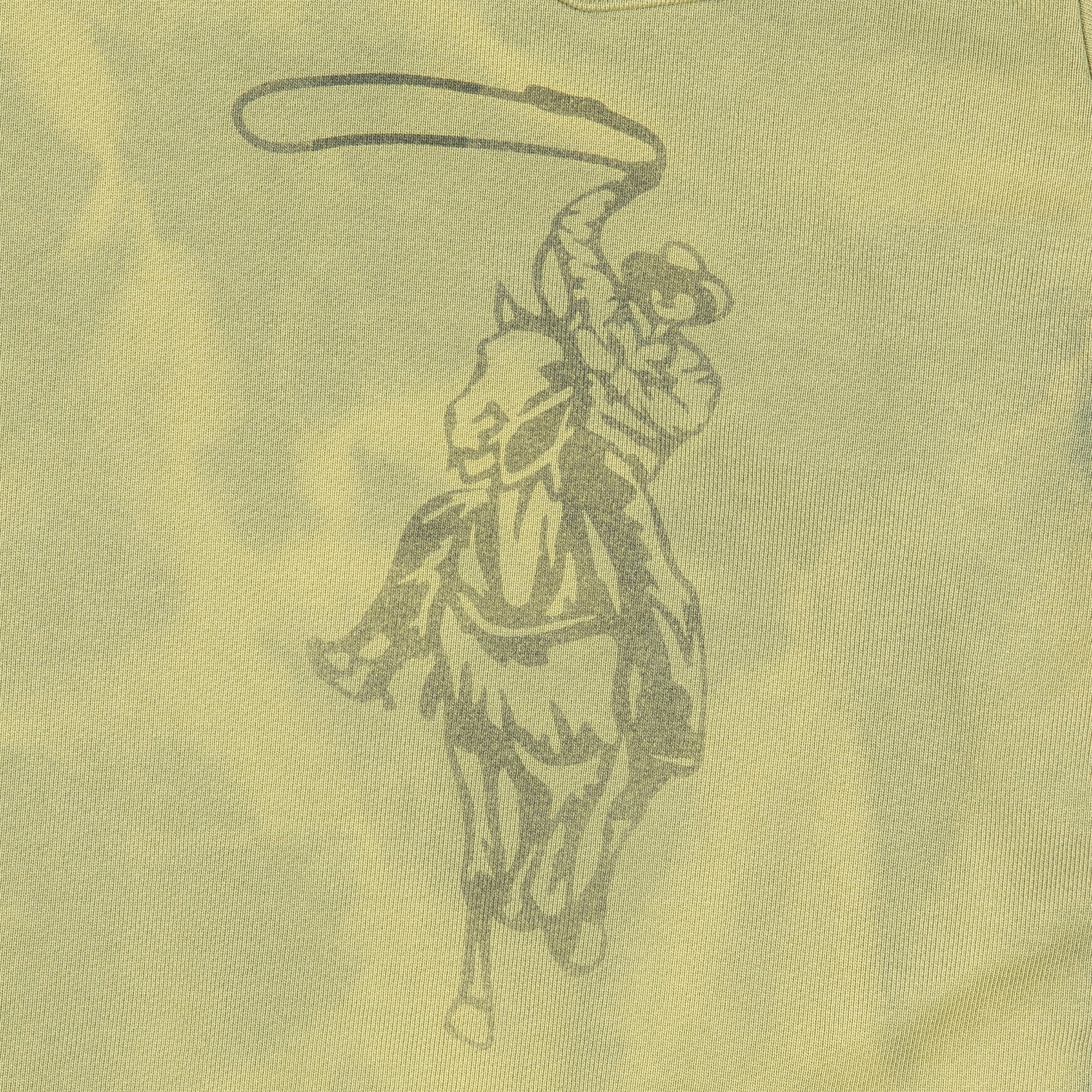 Distressed print of a cowboy on horseback swinging a lasso, featured on the lower right side of the sweatshirt.