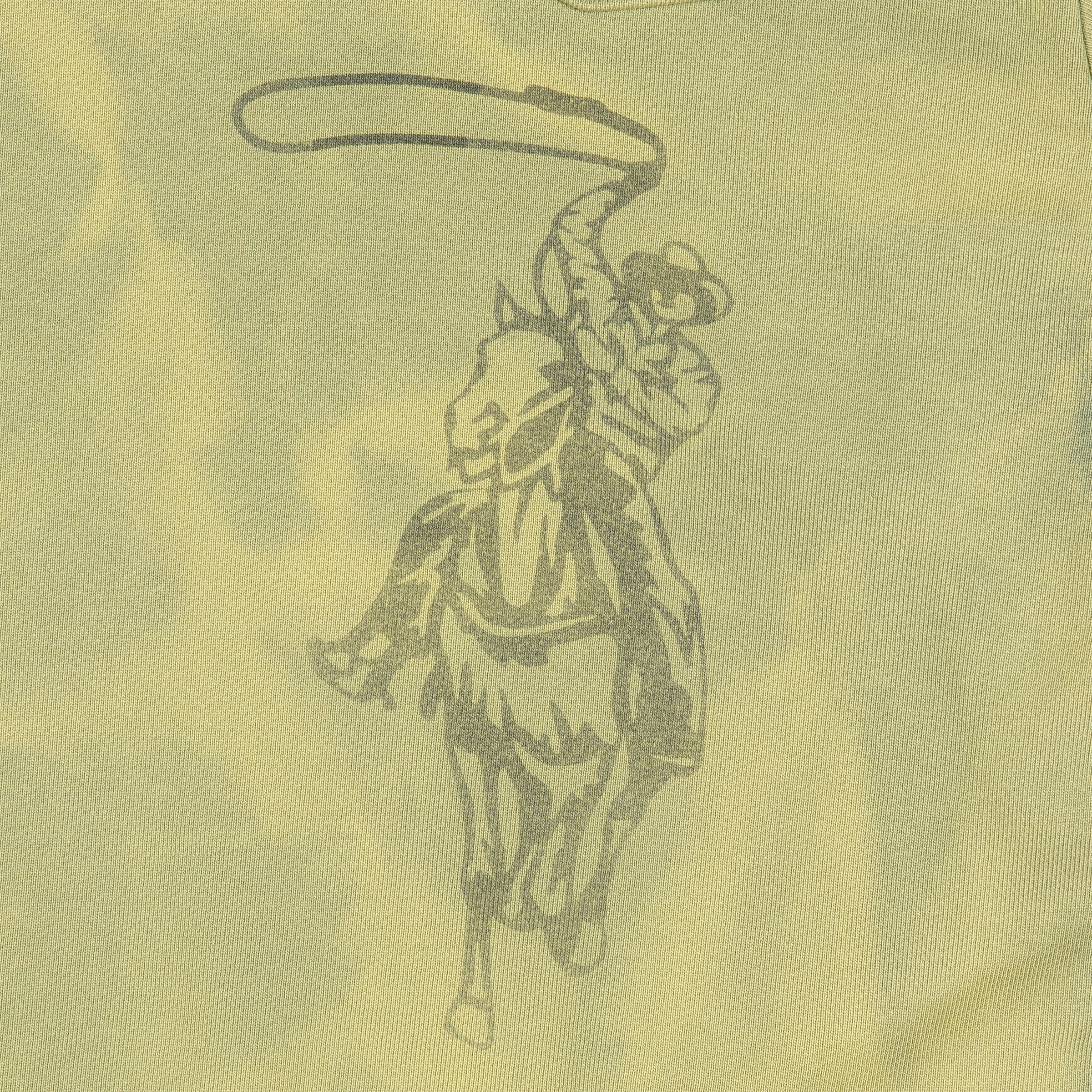 Distressed print of a cowboy on horseback swinging a lasso, featured on the lower right side of the sweatshirt.