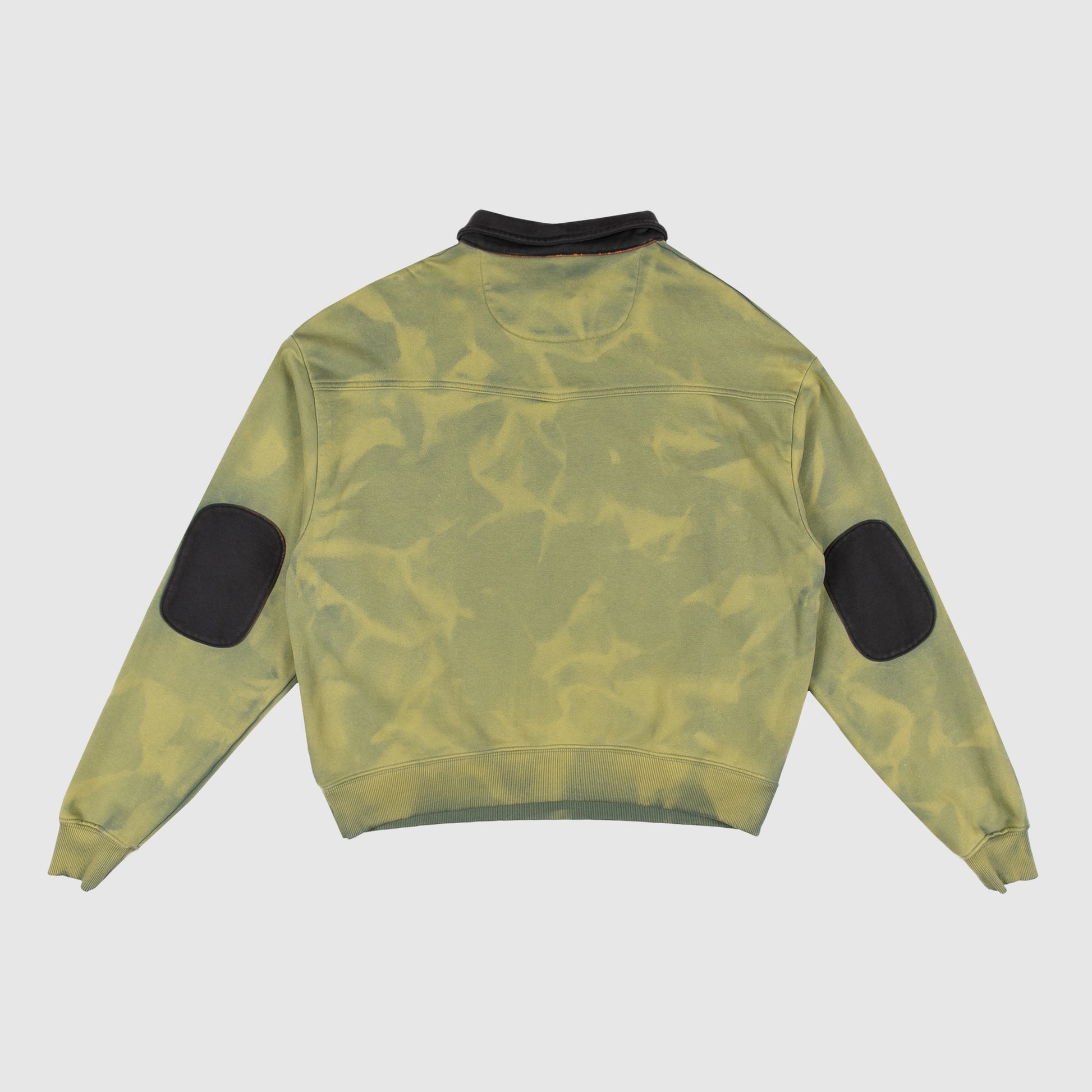 Back of Money Quarter Zip sweatshirt showing black oval elbow patches and black collar.